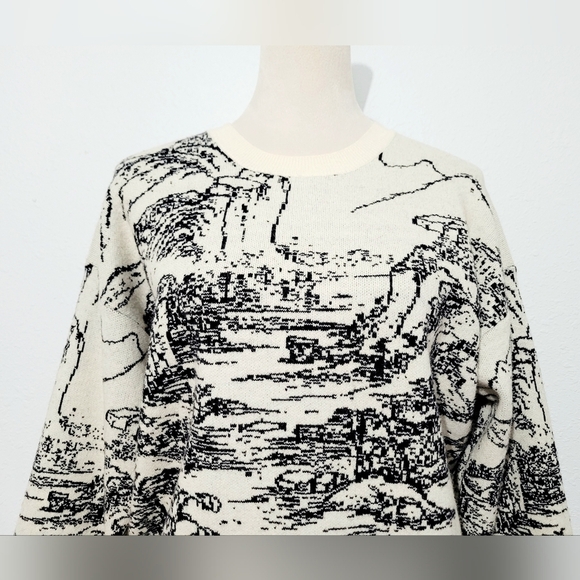 Cider Women’s Landscape Print Sweater Medium Cream Black Round Neck Regular Fit - Picture 2 of 10